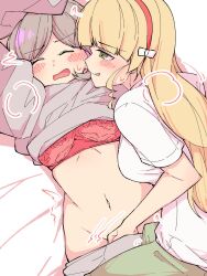Rule 34 | 2girls, :p, blonde hair, blush, bra, breasts, brown eyes, bulge, closed eyes, clothes lift, clothes pull, erection, erection under clothes, grey shirt, headband, heanna sumire, heavy breathing, highres, implied fingering, light brown hair, long hair, love live!, love live! superstar!!, lying, medium breasts, medium hair, multicolored hair, multiple girls, navel, on back, on bed, open mouth, pink hair, red bra, shirt, streaked hair, tang keke, tongue, tongue out, underwear, white shirt, yuri, zannen hero