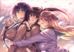 Rule 34 | 3girls, blonde hair, blue hair, blush, braid, breasts, breasts on another&#039;s back, brown hair, cherry blossoms, closed mouth, embarrassed, girl sandwich, green eyes, hair ribbon, hug, hug from behind, large breasts, long hair, looking at viewer, multiple girls, necktie, nose blush, open mouth, orange eyes, original, piromizu, ponytail, purple eyes, ribbon, sandwiched, shiny skin, sweat, uniform, v, yuri