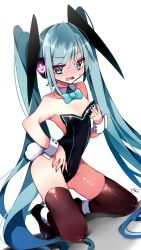 Rule 34 | 1girl, animal ears, bare shoulders, black footwear, black leotard, black thighhighs, blue bow, blue bowtie, blue eyes, blue hair, blue nails, blush, bow, bowtie, breasts, detached collar, embarrassed, fake animal ears, fake tail, full body, hair between eyes, hand on own chest, hand on own hip, hatsune miku, headset, highleg, highleg leotard, highres, kneeling, koyubisennti, legs apart, leotard, long hair, nail polish, nose blush, playboy bunny, power symbol-shaped pupils, rabbit ears, rabbit tail, rectangular mouth, shoes, sidelocks, simple background, small breasts, solo, sweatdrop, swept bangs, symbol-shaped pupils, tail, thighhighs, thighs, traditional bowtie, twintails, very long hair, vocaloid, wavy mouth, white background