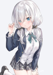 Rule 34 | 1girl, absurdres, ars almal, black jacket, blazer, blue eyes, buttons, closed mouth, collared shirt, cowboy shot, dress shirt, grey skirt, hair over shoulder, hand on own thigh, hand up, highres, jacket, jimmy madomagi, loafers, long hair, long sleeves, looking at viewer, low twintails, miniskirt, neck ribbon, nijisanji, open clothes, open jacket, plaid, plaid skirt, pleated skirt, ribbon, shirt, shoes, silver hair, simple background, skirt, smile, socks, solo, twintails, virtual youtuber, white background, white shirt, white socks