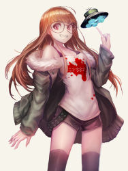 Rule 34 | 10s, 1girl, ahoge, blood, blood splatter, breasts, cleavage, fur trim, glasses, headphones, jacket, long hair, looking at viewer, necronomicon (persona 5), off-shoulder shirt, omoti (1201208), orange hair, persona, persona 5, red eyes, revision, sakura futaba, shirt, shorts, simple background, smile, solo, thighhighs, ufo