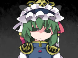 Rule 34 | &lt;o&gt; &lt;o&gt;, 1girl, breast envy, commentary, crown, dark background, empty eyes, epaulettes, frown, green eyes, green hair, hammer (sunset beach), shaded face, shiki eiki, short hair, solo, touhou