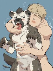 Rule 34 | 2boys, arknights, bara, blonde hair, blush, briefs, bulge, clothed male nude male, crossover, dirty, dirty clothes, dungeon meshi, erection, erection under clothes, feeling fur, furrowed brow, furry, furry male, furry with non-furry, highres, hyena boy, interspecies, laios touden, male focus, male underwear, multiple boys, nude, shirako (kirupi), short hair, spot (arknights), sweat, tail, tail wagging, thick eyebrows, toned, toned male, tongue, tongue grab, tongue out, topless male, underwear, very sweaty, yaoi