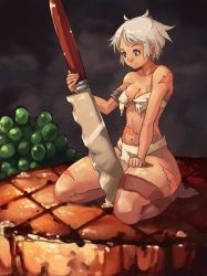 Rule 34 | 1girl, armlet, bare shoulders, blue eyes, breasts, cleavage, food, highres, kneeling, knife, mini person, minigirl, navel, original, pelvic curtain, planted, planted knife, planted weapon, scar, short hair, silver hair, solo, steak, thick thighs, thighs, very short hair, vins-mousseux, weapon