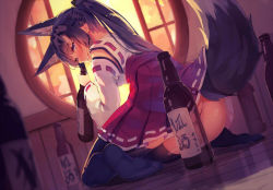 Rule 34 | 1girl, animal ears, ass, black hair, black thighhighs, blue eyes, blush, bottle, brown hair, convenient censoring, detached sleeves, fox ears, fox tail, from behind, japanese clothes, long hair, long sleeves, looking at viewer, looking back, miko, no shoes, original, ponytail, sake bottle, shirt, sitting, skirt, solo, tail, thighhighs, upskirt, very long hair, wariza, wide sleeves, yasumo (kuusouorbital)