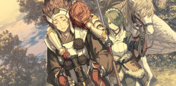 Rule 34 | 1boy, 2girls, arm grab, armor, armored skirt, azama (fire emblem), blood, bloody weapon, blue ribbon, breastplate, brown eyes, brown hair, cloak, commentary request, crying, crying with eyes open, dated commentary, day, dirty, dirty face, duplicate, elbow gloves, fingerless gloves, fire emblem, fire emblem fates, floating hair, from side, gloves, hair ornament, hairband, harusame (rueken), headband, hinoka (fire emblem), holding, holding sword, holding weapon, horseback riding, japanese armor, japanese clothes, katana, long hair, long sleeves, multiple girls, nintendo, obi, obijime, open mouth, outdoors, pegasus, pink eyes, pink hair, pixel-perfect duplicate, ribbon, riding, sash, setsuna (fire emblem), short hair, standing, sweatdrop, sword, tears, two-tone hairband, vambraces, wavy hair, weapon, white cloak, white gloves