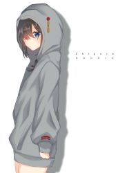 Rule 34 | 1girl, absurdres, black hair, blue eyes, character name, commentary, commentary request, cowboy shot, english commentary, grey sweater, hair over one eye, highres, hood, hooded sweater, hoodie, kantai collection, kazama gorou, shigure (kancolle), shigure kai ni (kancolle), simple background, solo, standing, sweater, white background