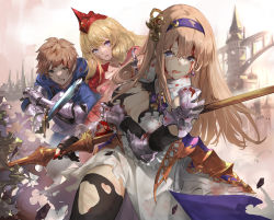 Rule 34 | 1boy, 2girls, armor, armored dress, athena (granblue fantasy), black gloves, black legwear, blonde hair, blood, blood from mouth, blood on face, blue eyes, blue hoodie, breasts, brown eyes, brown hair, building, cleavage, dress, earrings, enyo (granblue fantasy), gauntlets, gloves, gran (granblue fantasy), granblue fantasy, hair between eyes, hairband, helmet, highres, holding, holding polearm, holding shield, holding sword, holding weapon, hood, hoodie, injury, jewelry, large breasts, long hair, multiple girls, nos, open mouth, parted lips, polearm, purple hairband, red armor, red headwear, shield, short hair, sword, torn clothes, torn dress, torn gloves, torn legwear, weapon, white armor