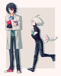 Rule 34 | 2boys, ahoge, android, black footwear, black gloves, black hair, black pants, black sweater, book, hugging book, cheer (cheerpuppy14), commentary, danganronpa (series), danganronpa v3: killing harmony, english commentary, from side, full body, glasses, gloves, green shirt, grey background, highres, holding, holding book, hugging object, k1-b0, long sleeves, looking at another, male focus, multiple boys, open mouth, pants, paper, professor (cheer), red footwear, shirt, shoes, short hair, smile, sweater, walking, white background, white hair