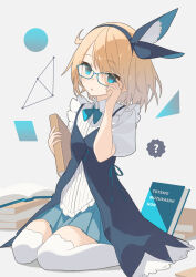 Rule 34 | 1girl, :o, ?, adjusting eyewear, alice (alice in wonderland), alice in wonderland, babydoll, black babydoll, blonde hair, blue-framed eyewear, blue skirt, book, circle, collared shirt, dot nose, full body, glasses, hand on eyewear, head tilt, highres, holding, holding book, hugging object, looking at viewer, medium hair, miniskirt, open mouth, pinstripe pattern, pinstripe shirt, pleated skirt, puffy short sleeves, puffy sleeves, shirt, short sleeves, sidelocks, simple background, sitting, skirt, solo, thighhighs, translated, triangle, wakuseiy, wariza, white background, white shirt, white thighhighs, zettai ryouiki