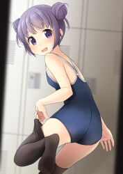 Rule 34 | 1girl, ass, black thighhighs, blue one-piece swimsuit, commentary request, competition school swimsuit, cowboy shot, double bun, flat chest, from behind, hair bun, highres, locker, locker room, looking at viewer, looking back, one-piece swimsuit, original, purple eyes, purple hair, school swimsuit, shibacha, short hair, solo, swimsuit, thighhighs, undressing, voyeurism