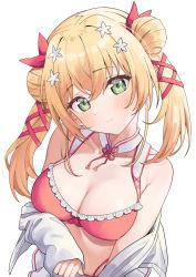 Rule 34 | 1girl, absurdres, bare shoulders, blonde hair, blush, bra, breasts, cleavage, closed mouth, collarbone, detached collar, double bun, frilled bra, frills, green eyes, hair ribbon, highres, hololive, long hair, long sleeves, looking at viewer, medium breasts, momosuzu nene, off shoulder, open clothes, red bra, red ribbon, ribbon, simple background, sleeves past wrists, solo, syhan, twintails, underwear, upper body, virtual youtuber, white background