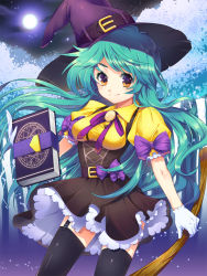 Rule 34 | 1girl, blue hair, blush, book, bow, broom, contrapposto, deviantart, ells, forest, frills, full moon, garter straps, gejang, grimoire, hat, holding, long hair, looking at viewer, moon, moonlight, nature, night, night sky, original, outdoors, plant, ribbon, skirt, sky, smile, solo, staff, standing, thighhighs, tree, witch, witch hat, yellow eyes, zettai ryouiki