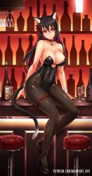 Rule 34 | 1girl, animal ears, bar (place), bare shoulders, bell, black hair, black leotard, black pantyhose, breasts, cat ears, cat tail, cleavage, collar, cup, drinking glass, fake animal ears, hair ribbon, hairband, high heels, highleg, highleg leotard, highres, jingle bell, kittysuit, large breasts, leotard, long hair, looking at viewer, midnight (banyex), multicolored hair, neck bell, nontraditional playboy bunny, original, pantyhose, patreon username, red eyes, ribbon, sitting, smile, solo, strapless, strapless leotard, tail, thigh strap, two-tone hair, watermark, web address, wrist cuffs