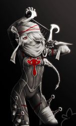 Rule 34 | 1girl, bandages, blonde hair, bodysuit, braid, breasts, dark background, fingerless gloves, gloves, hair over one eye, harp, hat, hyrule warriors, instrument, kunai, long hair, looking at viewer, mask, monochrome, nintendo, pointy ears, ponytail, red eyes, scarf, sheik, small breasts, solo, surcoat, the legend of zelda, the legend of zelda: ocarina of time, turban, twilightzant, weapon