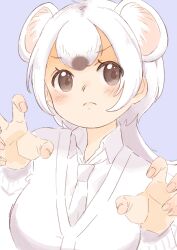 Rule 34 | 0nanaten, 1girl, absurdres, animal ear fluff, animal ears, black eyes, blue background, claw pose, commentary, extra ears, frown, highres, jacket, kemono friends, light blush, long hair, looking at viewer, necktie, serious, shirt, simple background, solo, stoat (kemono friends), upper body, weasel ears, weasel girl, white hair, white jacket, white necktie, white shirt, wing collar