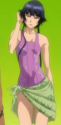 Rule 34 | 00s, 1girl, adjusting hair, black hair, bleach, blush, female focus, flat chest, gradient background, grey eyes, long image, one-piece swimsuit, sarong, screencap, solo, stitched, sui-feng, swimsuit, tall image, third-party edit, twintails
