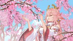 Rule 34 | 1girl, animal ears, blue sky, blurry, branch, breasts, closed eyes, cloud, day, depth of field, detached sleeves, earrings, flower, fox ears, gem, genshin impact, hair between eyes, hair flaps, hands up, headgear, highres, japanese clothes, jewelry, large breasts, long hair, nail polish, nature, outdoors, outstretched arms, parted lips, petals, pink flower, pink hair, purple gemstone, red nails, ribbon-trimmed sleeves, ribbon trim, sideboob, sky, smile, solo, spring (season), turtleneck, upper body, wide sleeves, xiaochaibao, yae miko