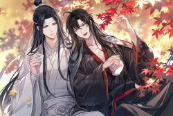 Rule 34 | 2boys, artist name, bishounen, black hair, black robe, black sash, blurry, blurry background, branch, brown eyes, chinese clothes, closed mouth, commentary request, cup, expressionless, hair bun, hair ornament, hair stick, hand up, hands up, hanfu, headband, highres, holding, holding cup, holding jar, jar, lan wangji, leaf, long hair, long sleeves, looking at viewer, male focus, maple leaf, modao zushi, multiple boys, open mouth, outdoors, parted bangs, robe, sash, sidelocks, sitting, smile, teeth, tree, twitter username, upper teeth only, usagishi, very long hair, watermark, wei wuxian, white headband, white robe, white sash, wide sleeves, xiao guan (headdress), yellow eyes
