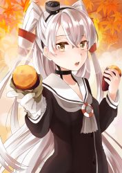 Rule 34 | 10s, 1girl, amatsukaze (kancolle), autumn leaves, black neckerchief, blush, brown dress, brown eyes, buttons, choker, collarbone, dress, feeding, food, gloves, grey neckerchief, hair between eyes, hair tubes, hat, holding, holding food, incoming food, kantai collection, lifebuoy, long hair, long sleeves, looking at viewer, looking to the side, mini hat, neckerchief, open mouth, pov feeding, roasted sweet potato, round teeth, sailor collar, sailor dress, sharing food, silver hair, single glove, solo, sweet potato, swim ring, teeth, tongue, tongue out, two side up, very long hair, white gloves, yuna (yukiyuna)
