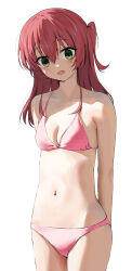 Rule 34 | 1girl, arms behind back, bikini, blush, bocchi the rock!, breasts, cleavage, collarbone, gin00, green eyes, hair between eyes, halterneck, highres, kita ikuyo, long hair, looking at viewer, navel, one side up, open mouth, pink bikini, red hair, small breasts, smile, solo, standing, swimsuit, wet