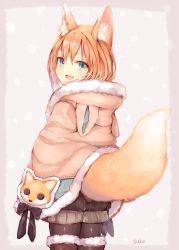 Rule 34 | 1girl, :d, animal ear fluff, animal ears, animal hood, black ribbon, blonde hair, boots, fang, fox ears, fox tail, from behind, fur-trimmed boots, fur-trimmed jacket, fur trim, green eyes, grey thighhighs, highres, hood, hood down, jacket, lifted by tail, looking at viewer, looking back, open mouth, original, pantyhose, ribbon, shorts, signature, smile, snowing, solo, sukemyon, tail, tail raised, thigh boots, thighhighs