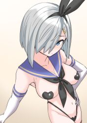 30-06 black_neckerchief black_panties blue_eyes blue_sailor_collar cosplay elbow_gloves gloves grey_hair hair_ornament hair_over_one_eye hairclip hamakaze_(kancolle) heart_maebari heart_pasties highleg highleg_panties highres kantai_collection maebari neckerchief panties pasties sailor_collar shimakaze_(kancolle) shimakaze_(kancolle)_(cosplay) short_hair thong underwear white_gloves yellow_neckerchief