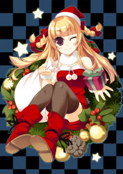 Rule 34 | 1girl, amanooni touri, bad id, bad pixiv id, blonde hair, blunt bangs, bow, braid, brown eyes, checkered background, christmas, gift, hair bow, holly, long hair, multiple hair bows, one eye closed, purple eyes, sack, santa costume, smile, solo, thighhighs, twin braids, wink