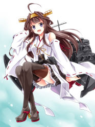 Rule 34 | 10s, 1girl, bare shoulders, black thighhighs, blush, boots, brown hair, cannon, detached sleeves, double bun, hair bun, hair ornament, hairband, headgear, japanese clothes, kantai collection, kongou (kancolle), kubyou azami, long hair, nontraditional miko, open mouth, panties, pantyshot, personification, skirt, smile, solo, thigh boots, thighhighs, turret, underwear, upskirt, white panties