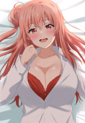 Rule 34 | 1girl, :d, alternate hair length, alternate hairstyle, blush, bra, breasts, cleavage, collarbone, commentary request, dars (recolors), hair between eyes, hair bun, large breasts, long sleeves, looking at viewer, lying, on back, open mouth, partially undressed, pink hair, pov, red bra, red eyes, shirt, single hair bun, smile, solo, underwear, white shirt, yahari ore no seishun lovecome wa machigatteiru., yuigahama yui