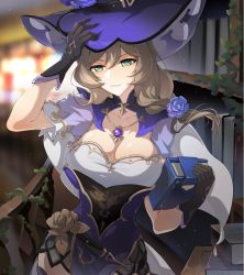 Rule 34 | 1girl, book, breasts, clang, closed mouth, flower, genshin impact, gloves, green eyes, hair flower, hair ornament, hand on headwear, hat, indoors, jewelry, large breasts, library, light brown hair, lisa (genshin impact), necklace, short sleeves, side ponytail, solo, witch hat