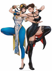 Rule 34 | 2girls, bare shoulders, black dress, black hair, bracelet, breasts, brown hair, capcom, china dress, chinese clothes, chun-li, chun-li (cosplay), cleavage, commentary, cosplay, costume switch, double bun, dress, earrings, english commentary, fighting stance, flower, gloves, gold earrings, gold hairband, hair bun, hair ornament, hairband, highres, jewelry, large breasts, long hair, magion02, mixed-language commentary, multiple girls, pelvic curtain, red eyes, sidelocks, simple background, smile, spy x family, street fighter, thick thighs, thighs, two-sided dress, two-sided fabric, white background, yor briar, yor briar (cosplay)