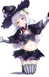 Rule 34 | 1girl, absurdres, artist request, black capelet, black hat, blunt bangs, breasts, capelet, cone hair bun, cropped shirt, gloves, grey hair, groin, hair bun, hair ornament, half updo, hat, highres, hololive, long hair, long sleeves, midriff, murasaki shion, murasaki shion (1st costume), navel, pinstripe pattern, pinstripe shirt, shirt, short eyebrows, side bun, sidelocks, single side bun, skirt, small breasts, solo, striped clothes, striped shirt, thighhighs, vertical-striped clothes, vertical-striped shirt, virtual youtuber, witch, witch hat, yellow eyes