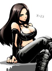 Rule 34 | 10s, 1girl, animification, blush, boots, breasts, bridal gauntlets, brown hair, cleavage, collar, crop top, crossed legs, green eyes, jewelry, knee boots, laura kinney, long hair, marvel, pants, pendant, piko (osso), sitting, smile, solo, x-23, x-men
