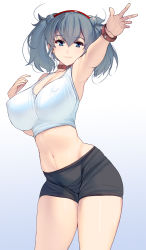 Rule 34 | 1girl, armpits, bike shorts, blue eyes, blush, bracelet, breasts, cleavage, closed mouth, collar, collarbone, covered erect nipples, cowboy shot, curvy, foreshortening, grey hair, hair between eyes, hairband, highres, jewelry, kouno (masao), large breasts, looking at viewer, navel, original, smile, solo, stomach, tank top, twintails