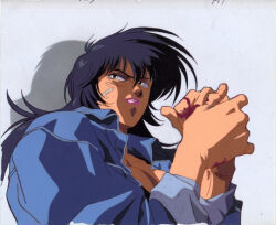 Rule 34 | 1980s (style), 1girl, angel (angel cop), angel cop, anime screenshot, black hair, blue top, breasts, clothes, dark skin, denim, denim jacket, eyelashes, fingernails, focus, hetero, holding, jacket, jawline, lips, lipstick, long sleeves, looking to the side, makeup, navel, nose, oldschool, parted lips, pink lips, plaster, ponytail, remove[#cum#facial]tagspleasethankumods, retro artstyle, screencap, shiny eyes, smile, solo, spiked hair, tan, teeth, upper body, white background, yellow eyes