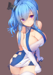 Rule 34 | 1girl, azur lane, bare shoulders, blue dress, blue hair, blush, breasts, cleavage, closed mouth, collarbone, commentary request, dress, elbow gloves, gloves, hair between eyes, hair ornament, highres, large breasts, low twintails, nose blush, panties, purple eyes, purple panties, smile, solo, st. louis (azur lane), tatapopo, thighhighs, twintails, underwear, white gloves, white thighhighs