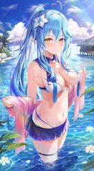 Rule 34 | 1girl, ahoge, bare shoulders, bikini, blue bikini, blue hair, blue skirt, blush, breasts, building, cleavage, cloud, collarbone, commentary, cowboy shot, day, elf, flower, flower on liquid, hair flower, hair ornament, heart, heart ahoge, highres, holding, holding towel, hololive, horizon, large breasts, light rays, long hair, looking at viewer, miniskirt, mismatched bikini, navel, o-ring, o-ring bikini, ocean, outdoors, palm tree, parted lips, petals, petals on liquid, pleated skirt, pointy ears, ponytail, rin yuu, sidelocks, skirt, solo, stomach, sunbeam, sunlight, swimsuit, symbol-only commentary, thigh strap, towel, tree, virtual youtuber, wading, water, wet, white bikini, white flower, yellow eyes, yukihana lamy