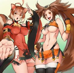 Rule 34 | 2girls, animal ears, antenna hair, arc system works, bare shoulders, black legwear, blazblue, blush, breasts, brown eyes, brown hair, china dress, chinese clothes, company connection, cosplay, costume switch, covered navel, crossover, dress, gloves, guilty gear, hair rings, hair tubes, highleg, highleg panties, highres, impossible clothes, impossible dress, kenshin187, kuradoberi jam, kuradoberi jam (cosplay), large breasts, long hair, makoto nanaya, makoto nanaya (cosplay), microskirt, midriff, multicolored hair, multiple girls, navel, open mouth, orange skirt, panties, red dress, sidelocks, skirt, squirrel ears, squirrel tail, tail, thighhighs, two-tone hair, underboob, underwear, very long hair, wide sleeves