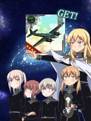 Rule 34 | 5girls, aircraft, airplane, alternate costume, anchor hair ornament, animal, aqua eyes, bismarck (kancolle), black shirt, blonde hair, blue eyes, brown eyes, cape, cat, commentary request, cosplay, epaulettes, galactic empire (gin&#039;eiden), ginga eiyuu densetsu, graf zeppelin (kancolle), grey eyes, hair ornament, highres, holding, holding animal, holding cat, kantai collection, long hair, long sleeves, low twintails, military, military uniform, multiple girls, p1y ginga, parody, prinz eugen (kancolle), red hair, reinhard von lohengramm, reinhard von lohengramm (cosplay), shirt, short hair, sidelocks, silver hair, smile, tsukemon, twintails, uniform, unsinkable sam, white cape, z1 leberecht maass (kancolle), z3 max schultz (kancolle)