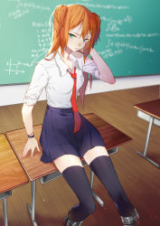 Rule 34 | 1girl, absurdres, black thighhighs, blue skirt, breast pocket, breasts, brown hair, chalkboard, closed mouth, collared shirt, commentary, desk, english commentary, green eyes, hair between eyes, highres, medium breasts, necktie, original, pleated skirt, pocket, red necktie, school desk, shirt, skirt, sleeves pushed up, solo, sylvia (huajiuhuajiu), thighhighs, wing collar, wooden floor, zettai ryouiki