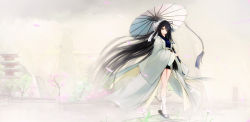 Rule 34 | 1girl, absurdly long hair, architecture, black hair, east asian architecture, flower, highres, japanese clothes, kikivi, long hair, muted color, oil-paper umbrella, original, pagoda, petals, scenery, socks, solo, umbrella, very long hair, white socks
