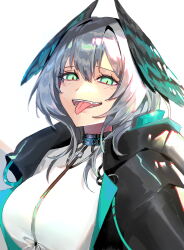 Rule 34 | 1girl, :d, aqua eyes, arknights, black coat, coat, commentary, dress, grey hair, head wings, highres, ho&#039;olheyak (arknights), indra (szzupiopi), looking at viewer, open clothes, open coat, open mouth, short hair, simple background, smile, solo, tongue, tongue out, upper body, white background, white dress, wings