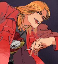 Rule 34 | 1boy, black shirt, blonde hair, brown eyes, chain, chain necklace, cigarette, commentary request, gold chain, grey background, holding, holding cigarette, inudori, jacket, jewelry, kaiji, kitami (kaiji), leaning forward, long hair, looking at viewer, male focus, medium bangs, necklace, open clothes, open jacket, open mouth, parted bangs, pocket, red jacket, shirt, skull print, smile, solo, teeth, upper body, upper teeth only, v-shaped eyebrows