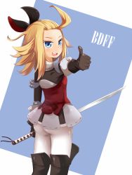 Rule 34 | 1girl, 5pb., armor, armored dress, ass, bad id, bad pixiv id, blonde hair, blue background, blue eyes, boots, bravely default: flying fairy, bravely default (series), copyright name, cupen, edea lee, gloves, highres, huge ass, katana, long hair, pantyhose, solo, sword, weapon, wide hips
