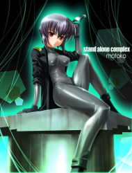 Rule 34 | 1girl, bodysuit, breasts, brown eyes, coat, ghost in the shell, ghost in the shell stand alone complex, kusanagi motoko, legs, long legs, overcoat, purple hair, shiny clothes, skin tight, solo, sunglasses, thighs, tnonizyou