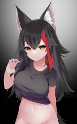 Rule 34 | 1girl, absurdres, animal ear fluff, animal ears, arm behind back, black background, black hair, black shirt, breasts, closed mouth, clothes lift, dai okami kohei, gradient background, groin, hair between eyes, hand up, highres, hololive, large breasts, long hair, looking at viewer, multicolored hair, navel, ookami mio, orange eyes, red hair, shirt, shirt lift, short sleeves, simple background, solo, streaked hair, tail, upper body, virtual youtuber, wolf ears, wolf girl, wolf tail