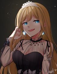 Rule 34 | 1girl, arm tattoo, black background, black dress, blonde hair, blue eyes, breasts, cleavage, diamond earrings, dress, earrings, glowing, glowing eyes, hololive, hololive english, jewelry, long hair, looking at viewer, medium breasts, mittsu, mole, mole on breast, official alternate costume, smile, solo, strapless, strapless dress, tattoo, upper body, virtual youtuber, watson amelia, watson amelia (party dress)
