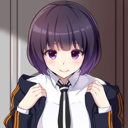 Rule 34 | 1girl, blunt bangs, blush, bob cut, closed mouth, collar, collared shirt, holding, huyumitsu, indoors, jacket, long sleeves, looking at viewer, mikami kaho, necktie, open clothes, open jacket, purple eyes, purple hair, shirt, short hair, smile, solo, straight hair, striped necktie, striped neckwear, upper body, white shirt, world trigger