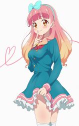 Rule 34 | 1girl, aikatsu!, aikatsu! (series), blue bow, blue dress, blue hairband, blush, bow, breasts, closed mouth, dress, finger to mouth, frilled dress, frills, gradient hair, grey background, hair bow, hairband, heart, highres, light brown hair, long hair, long sleeves, looking at viewer, looking to the side, medium breasts, multicolored hair, pink hair, red bow, shushing, simple background, sincos, smile, solo, standing, thighhighs, white thighhighs, yuki aine
